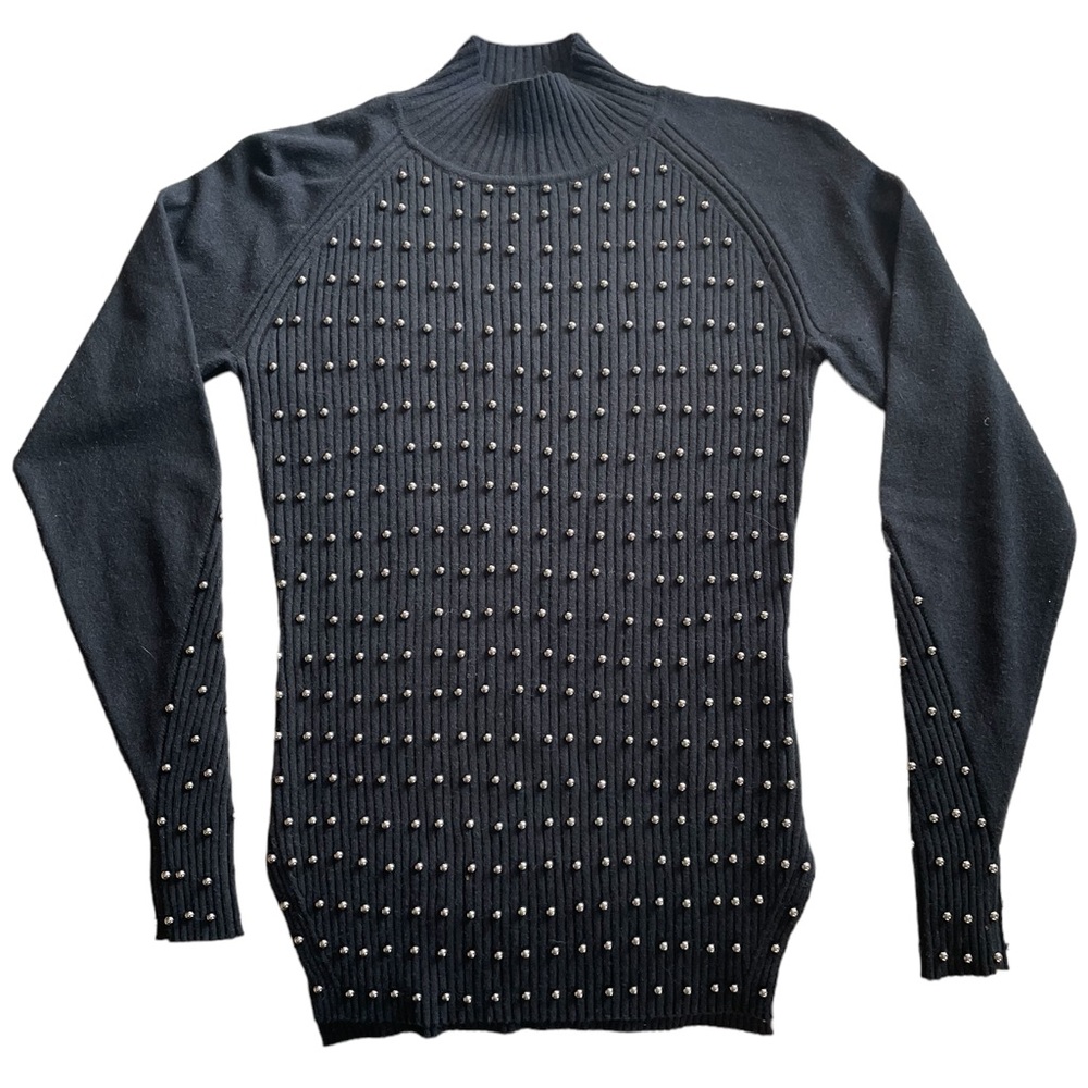 LOVE TOKEN Black Beaded Pullover Sweater Ribbed Mock Turtleneck - Size Medium